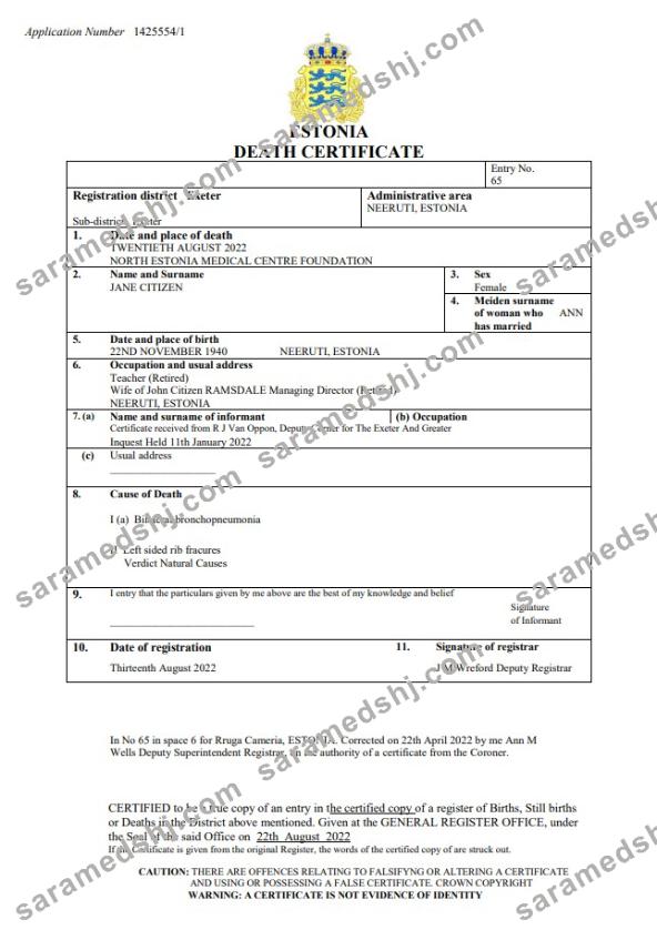Estonia death certificate Word and PDF template